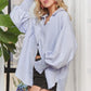 ADORA High-Low Striped Button down Smocked Lantern Sleeve Shirt